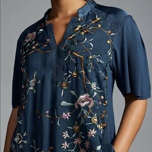 Anthropologie Tiny Teal Top with Embroidery